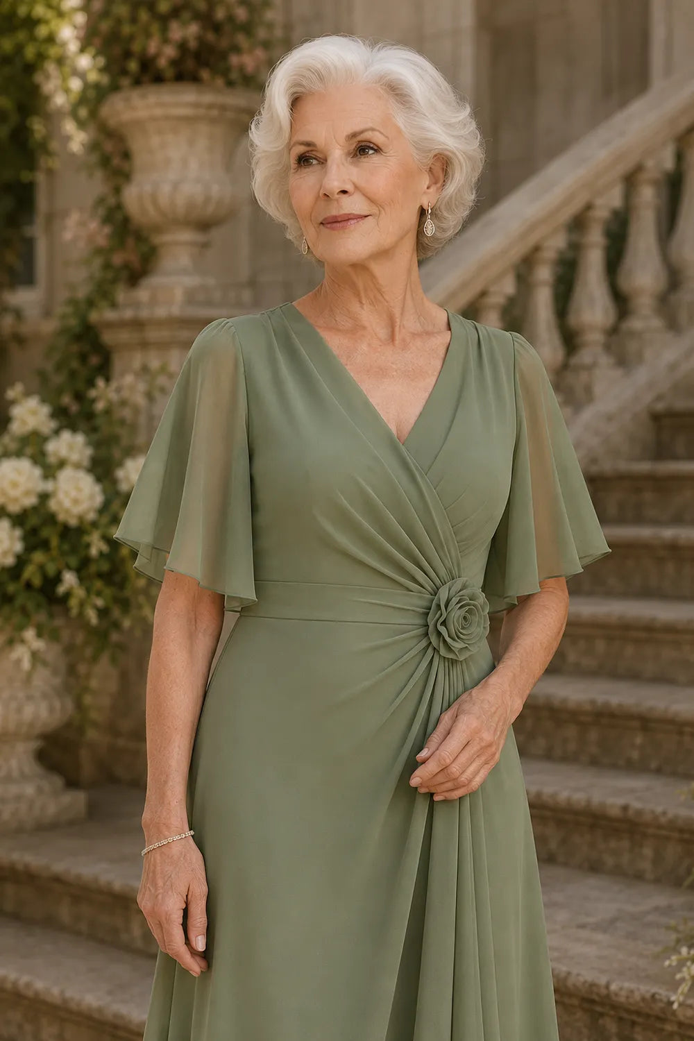 Flutter Sleeve Ruched A-Line Formal Dress