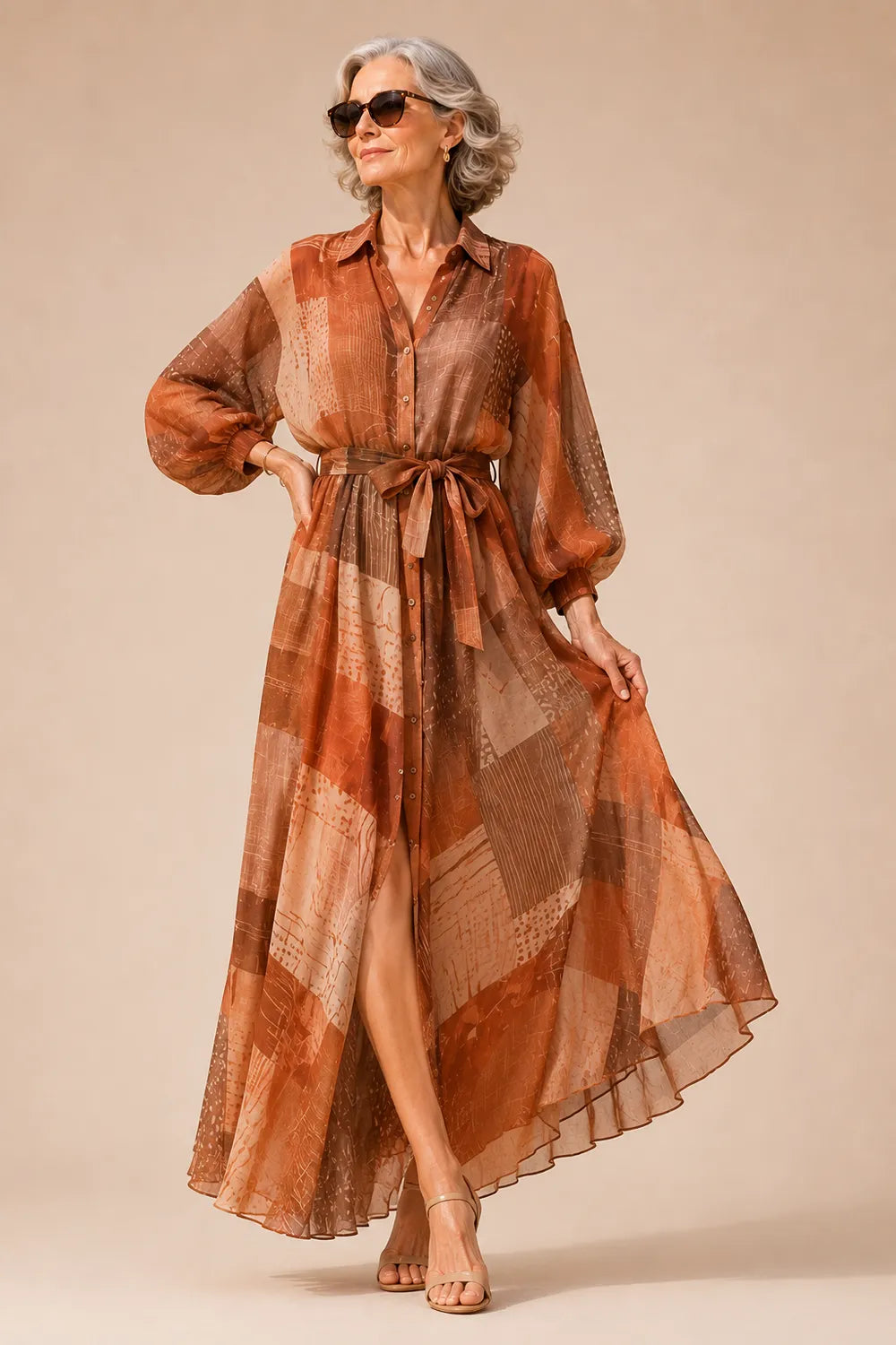Belted Printed Maxi Shirt Dress
