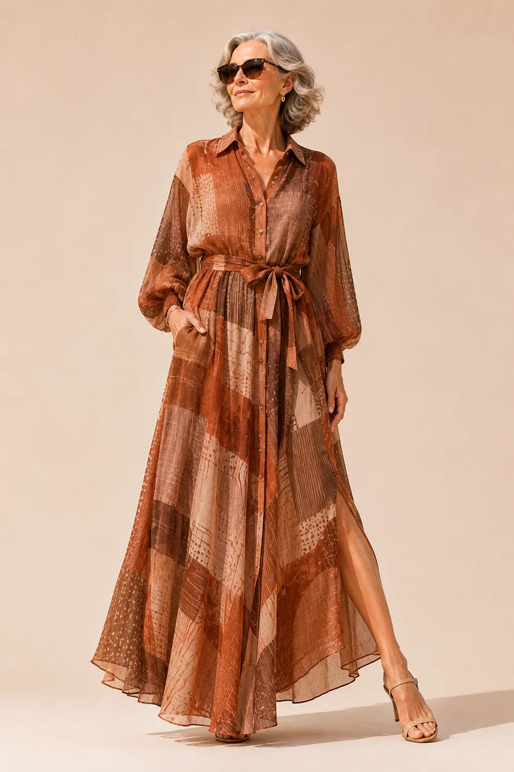 Belted Printed Maxi Shirt Dress