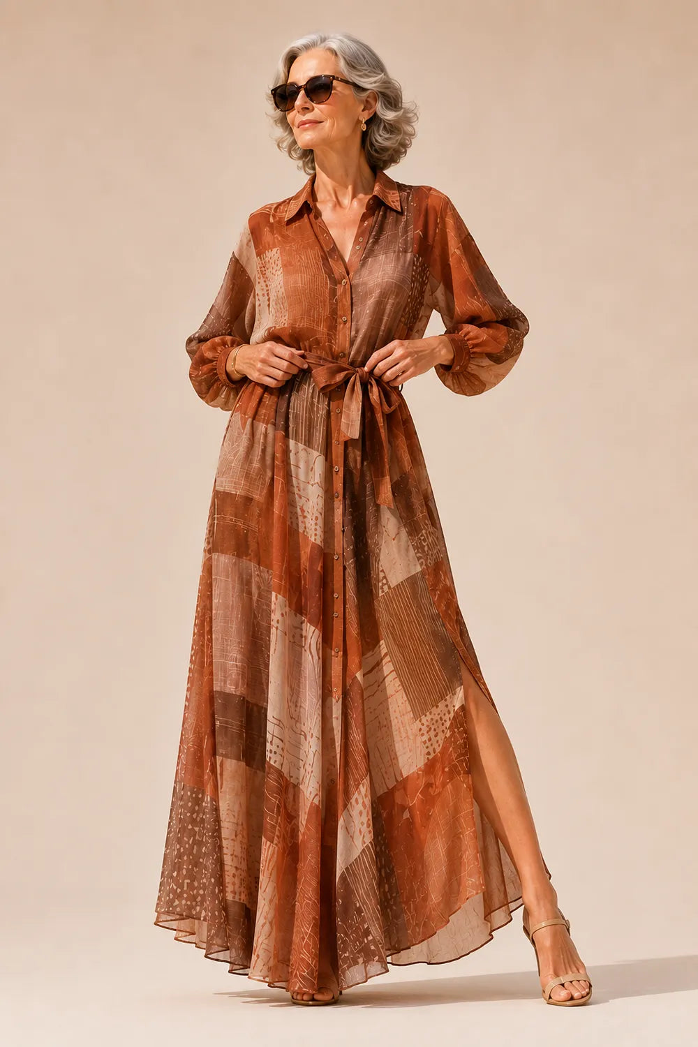Belted Printed Maxi Shirt Dress