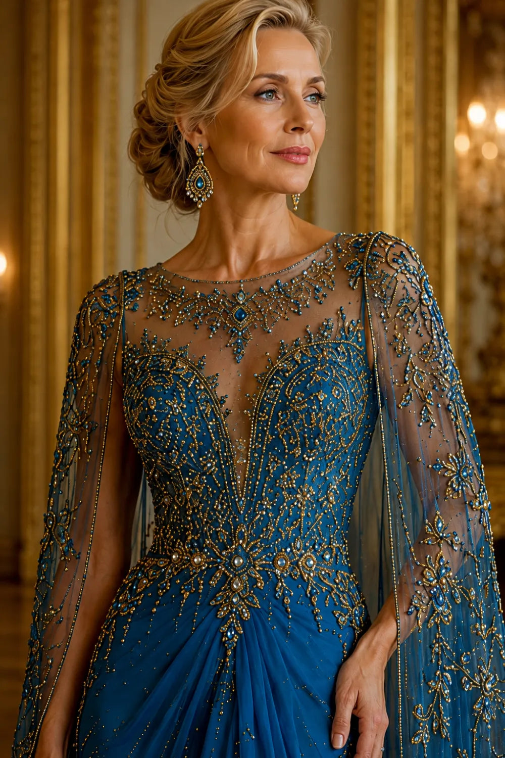 Royal Blue Evening Gown with Cape and Gold Beading