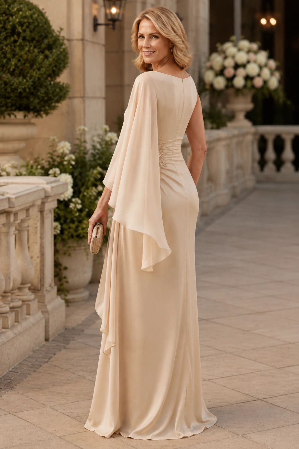 Ruched Asymmetric Cape-Sleeve Chiffon Gown
