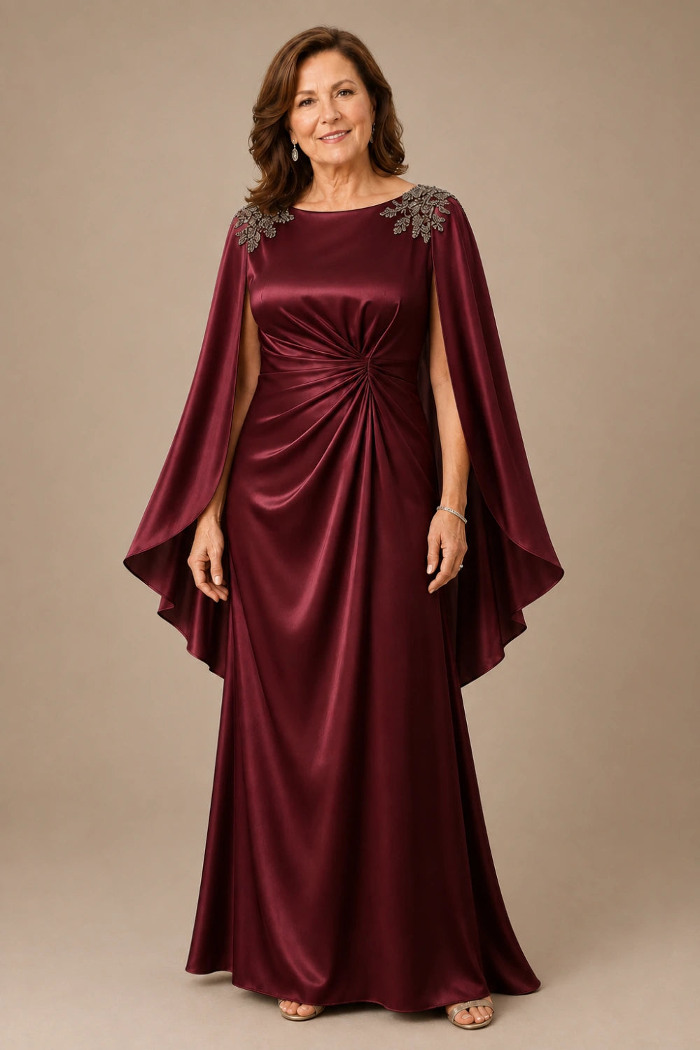 Ruched Satin Maxi Dress with Flowing Cape Sleeves