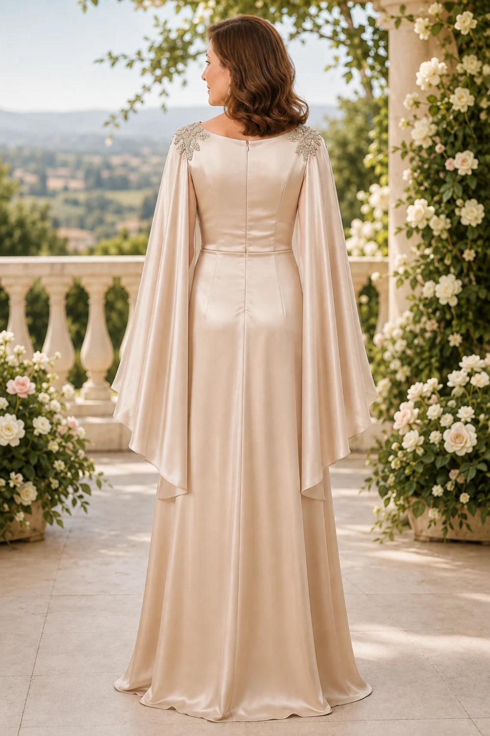 Ruched Satin Maxi Dress with Flowing Cape Sleeves