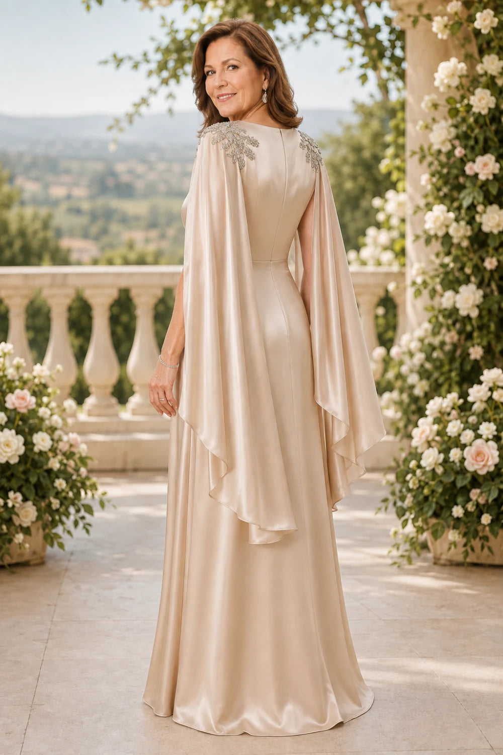 Ruched Satin Maxi Dress with Flowing Cape Sleeves