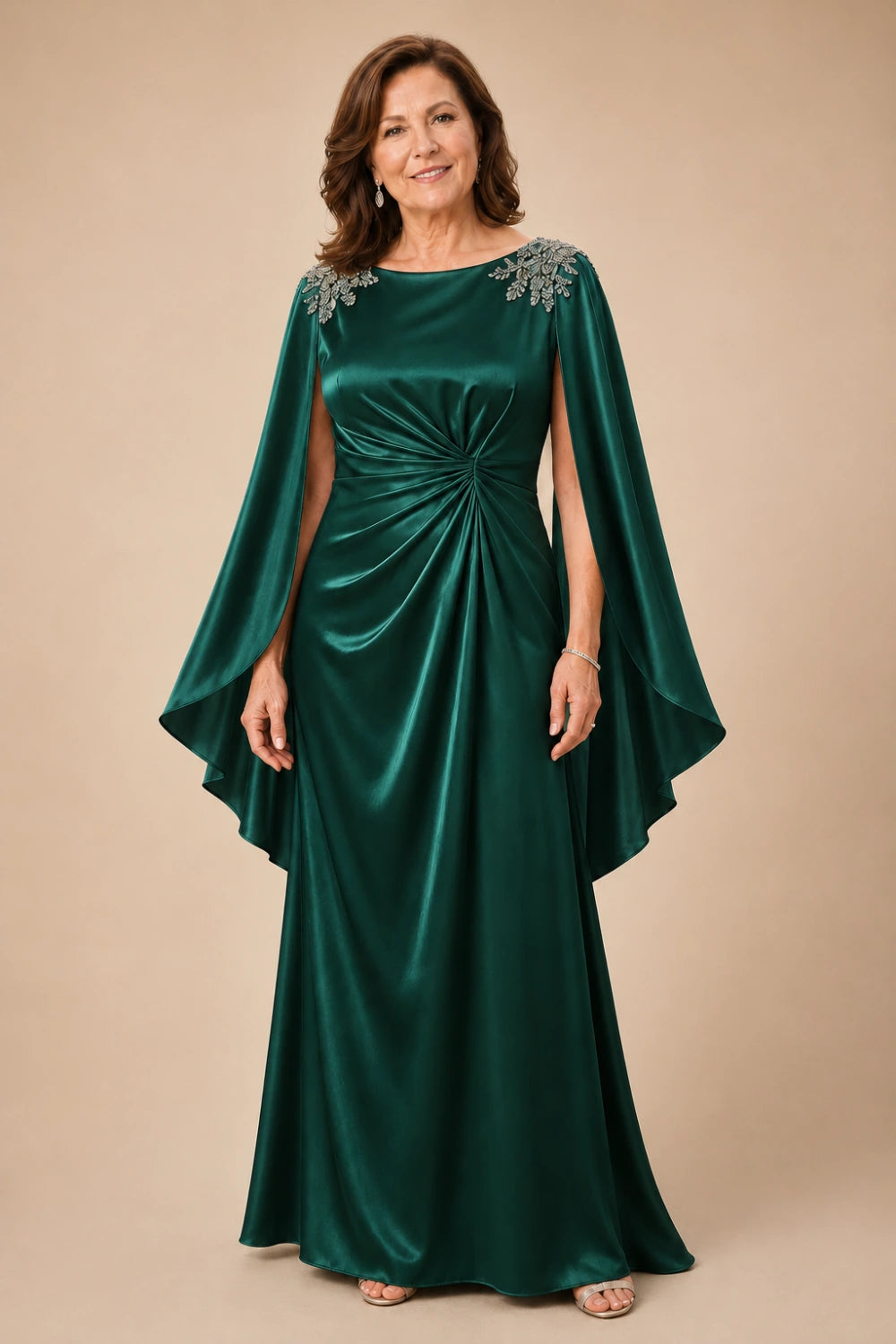 Ruched Satin Maxi Dress with Flowing Cape Sleeves