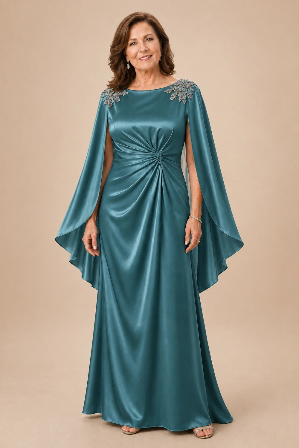 Ruched Satin Maxi Dress with Flowing Cape Sleeves