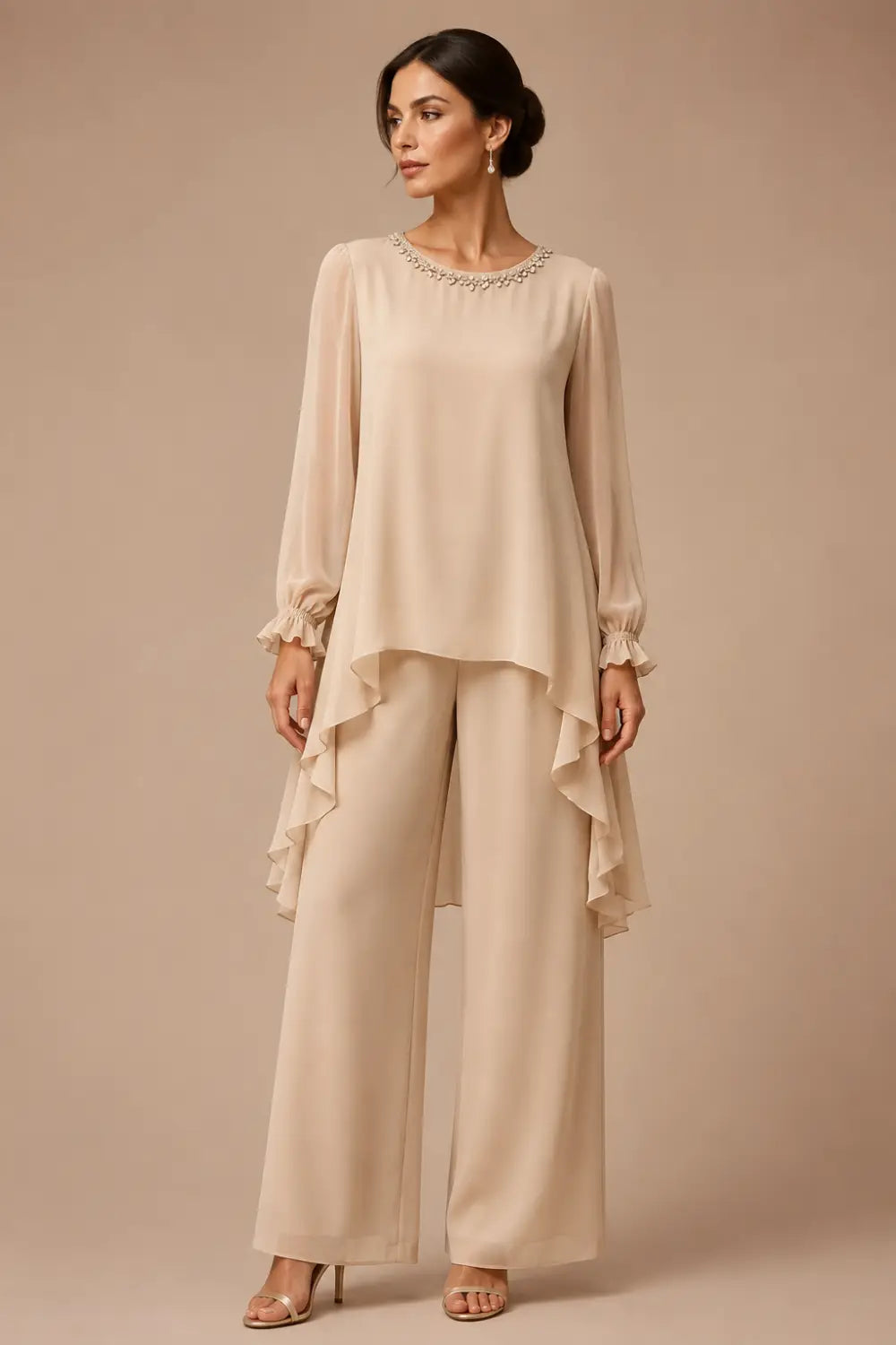 Ruffled Chiffon Capelet Pant Suit with Wide-Leg Pants