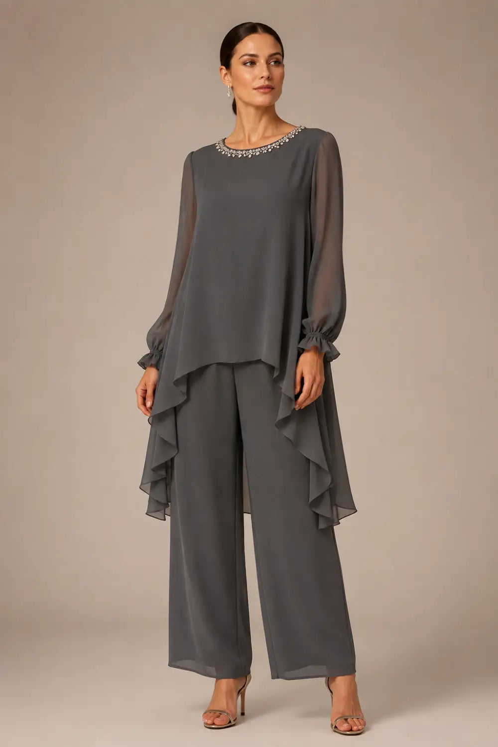 Ruffled Chiffon Capelet Pant Suit with Wide-Leg Pants