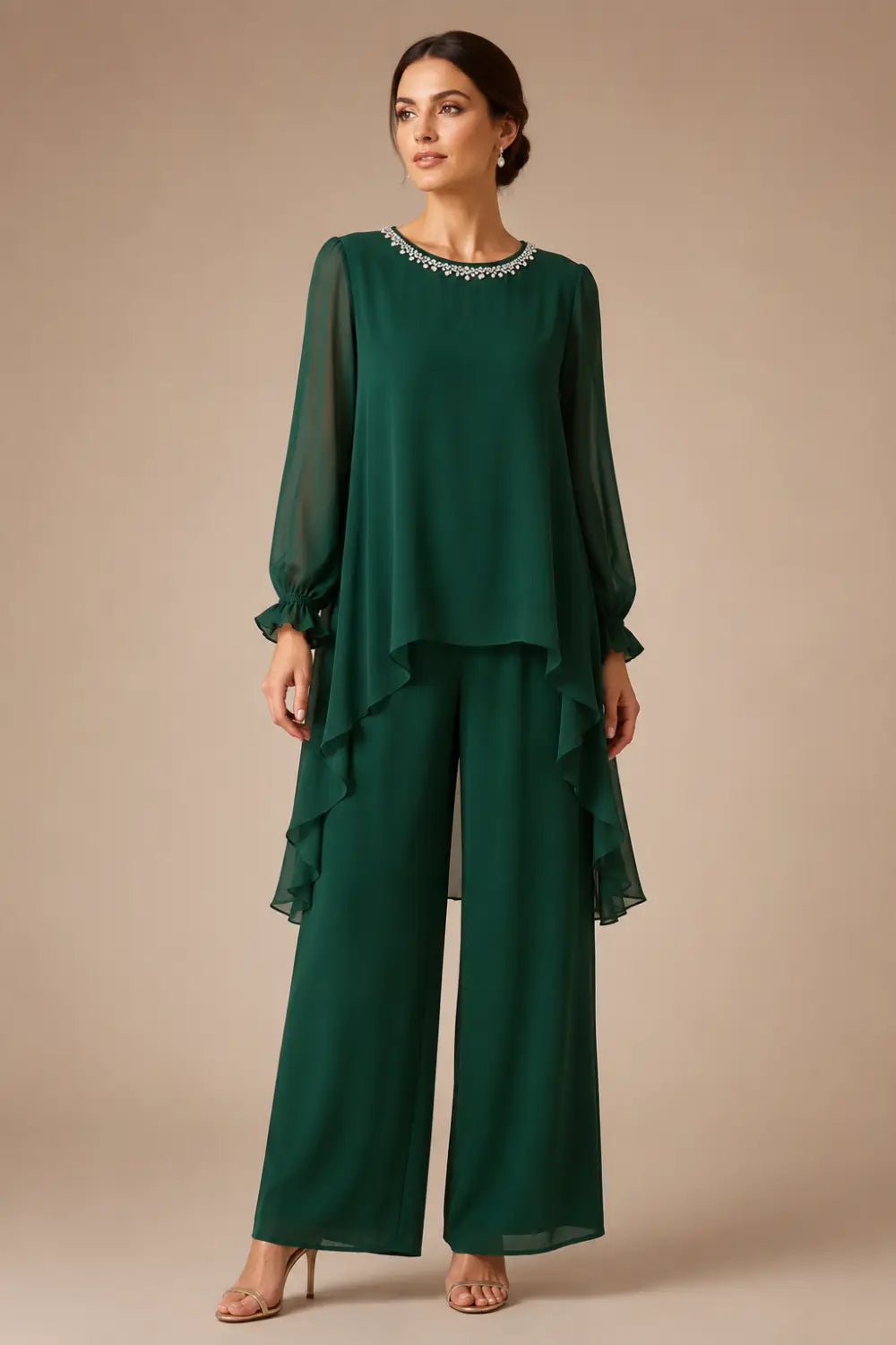 Ruffled Chiffon Capelet Pant Suit with Wide-Leg Pants
