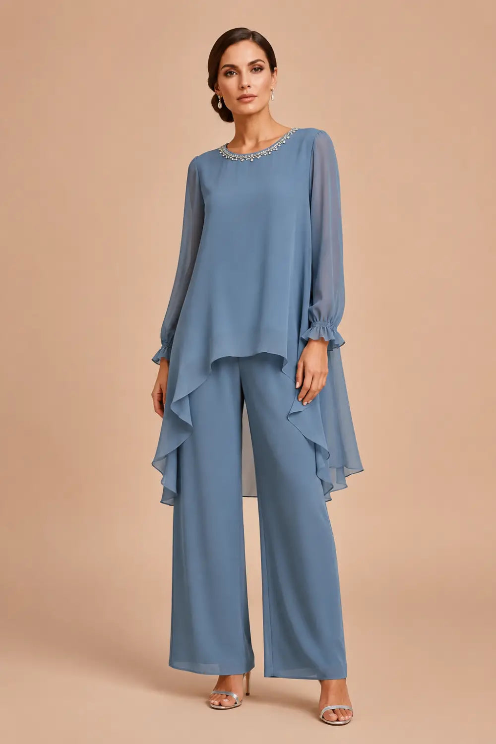 Ruffled Chiffon Capelet Pant Suit with Wide-Leg Pants