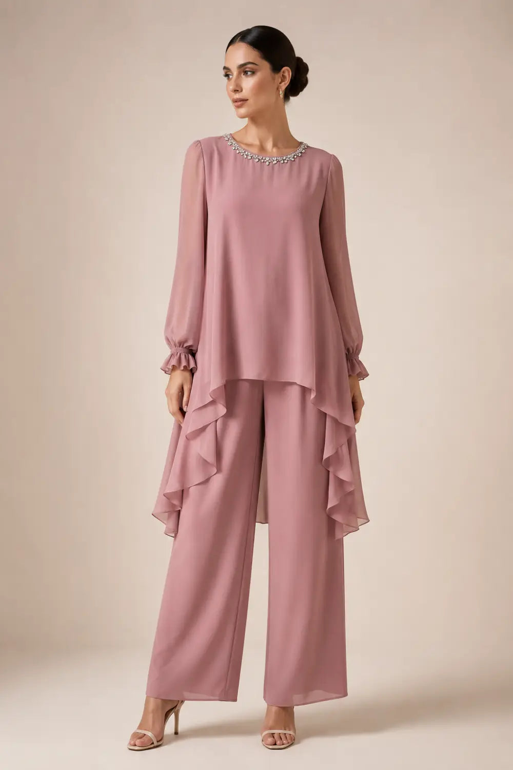 Ruffled Chiffon Capelet Pant Suit with Wide-Leg Pants