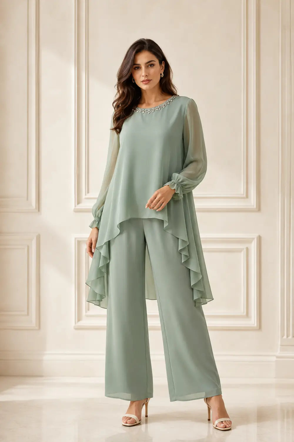 Ruffled Chiffon Capelet Pant Suit with Wide-Leg Pants