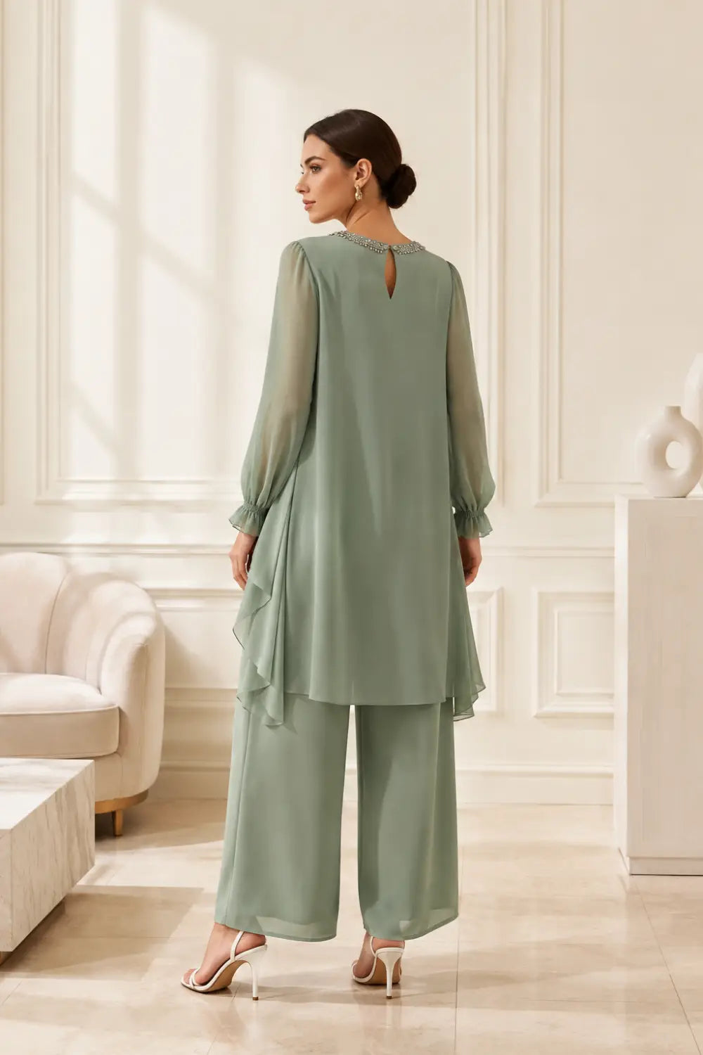 Ruffled Chiffon Capelet Pant Suit with Wide-Leg Pants