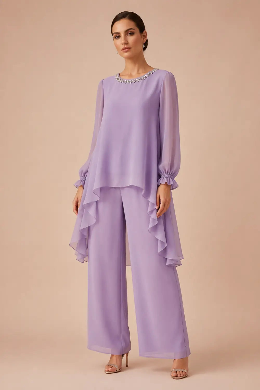 Ruffled Chiffon Capelet Pant Suit with Wide-Leg Pants