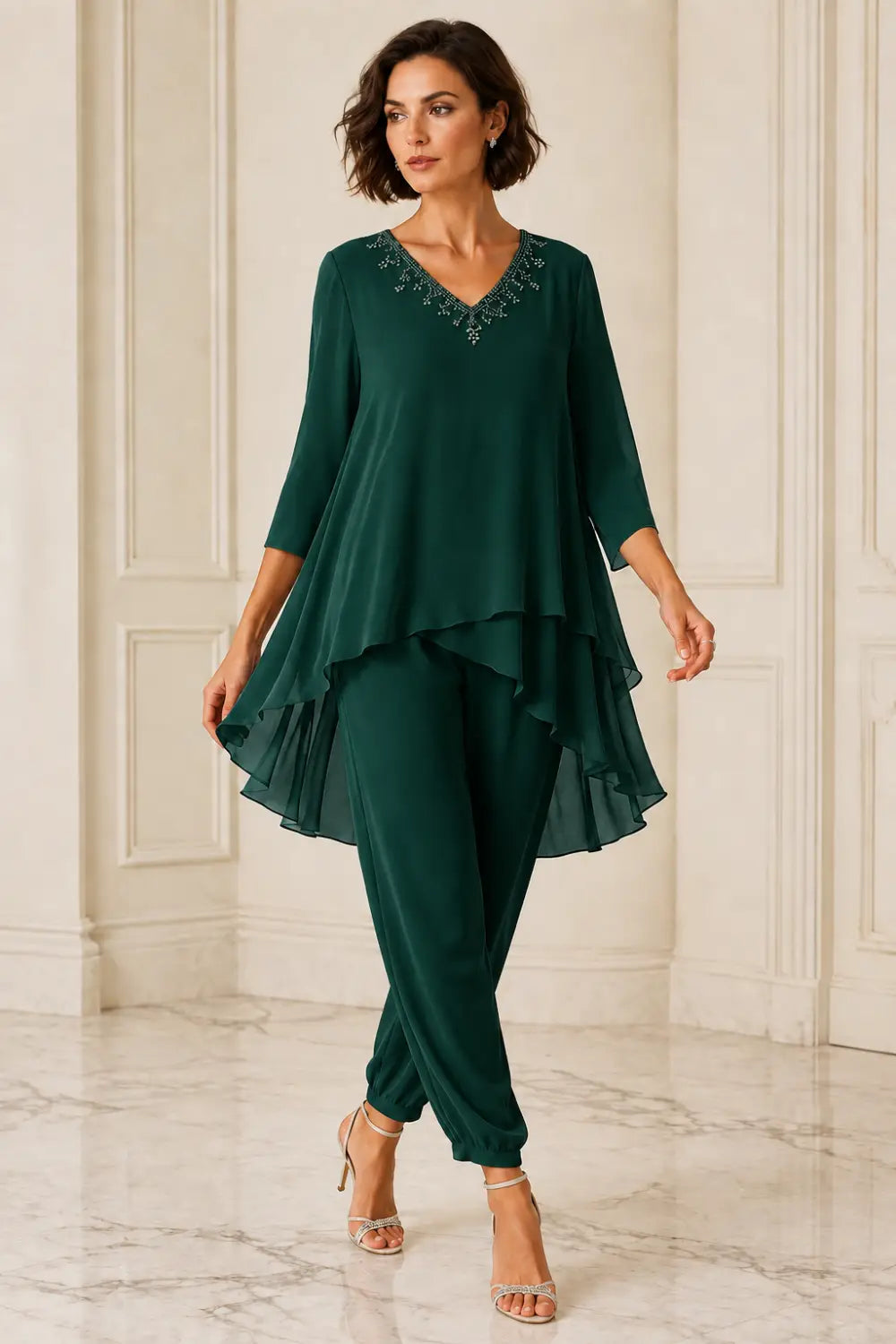 Ruffled Layered Chiffon Capelet Pant Suit