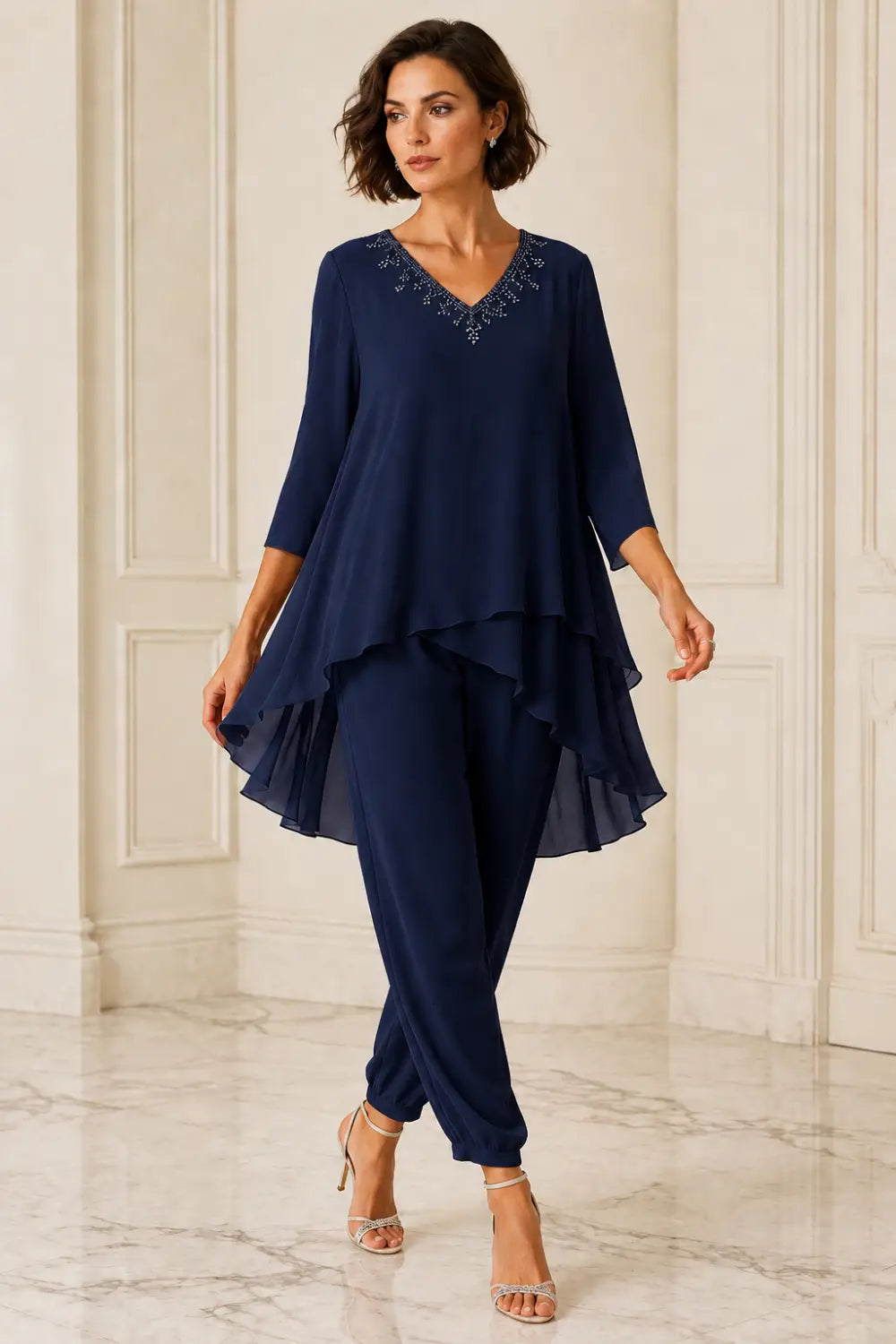 Ruffled Layered Chiffon Capelet Pant Suit