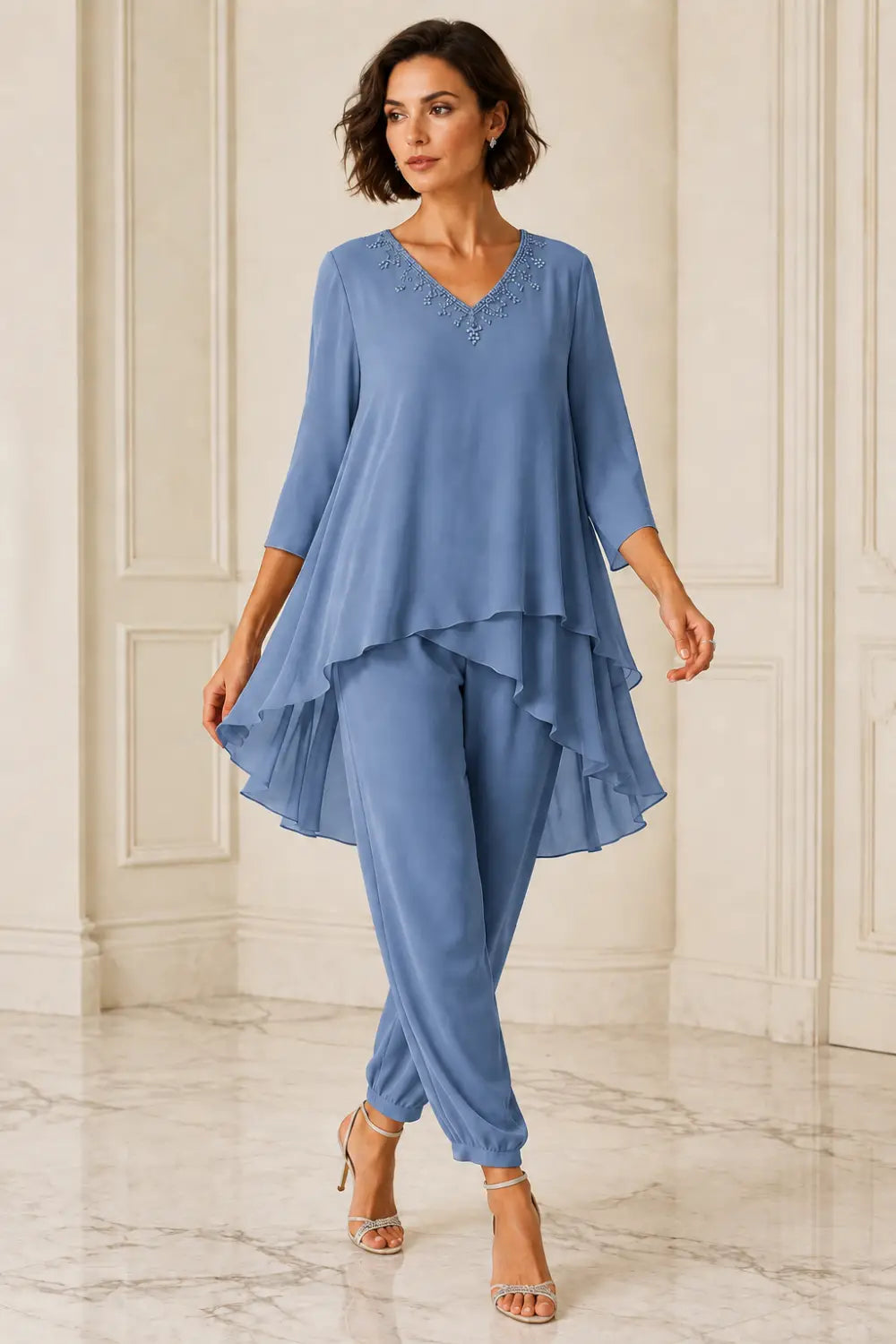 Ruffled Layered Chiffon Capelet Pant Suit