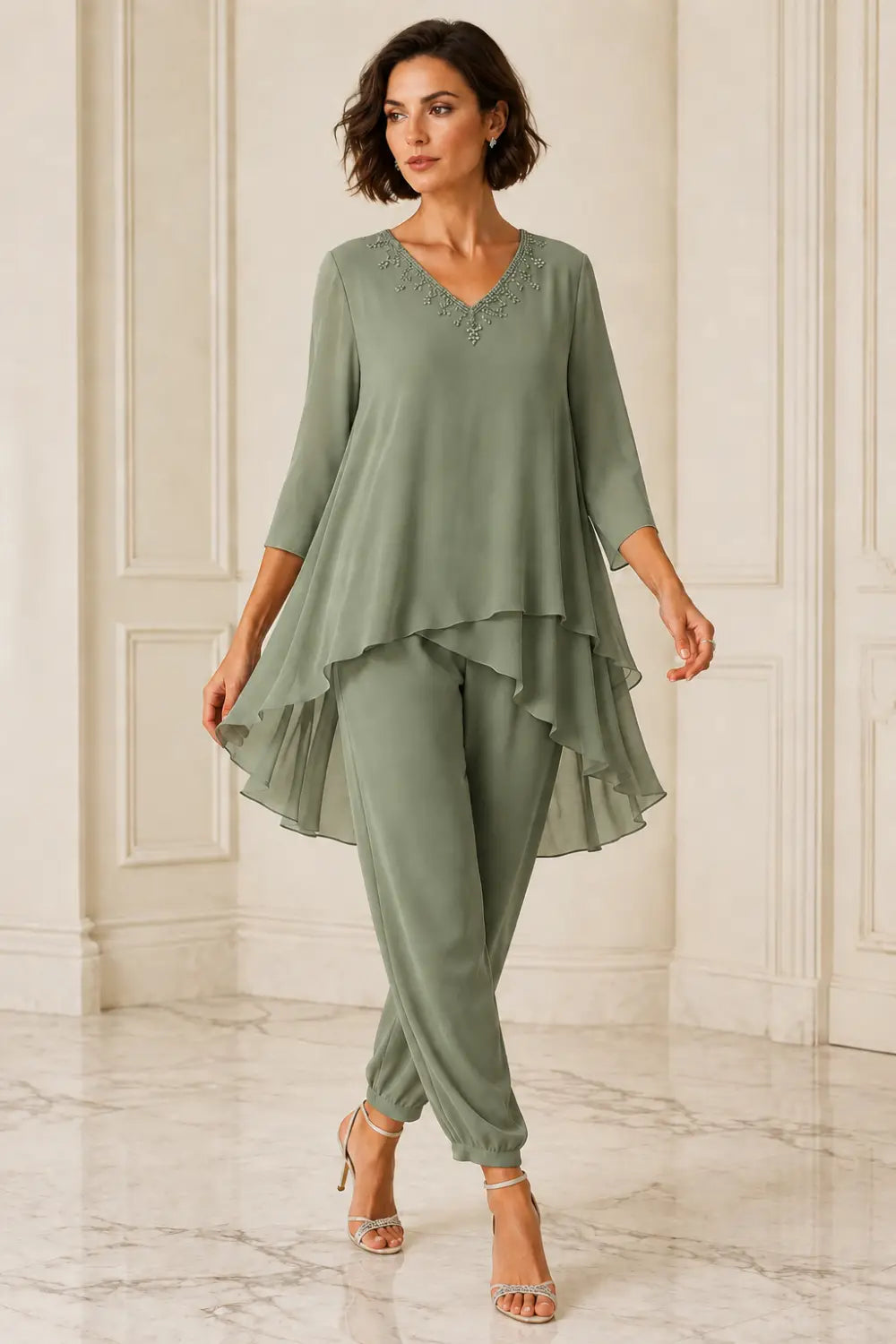 Ruffled Layered Chiffon Capelet Pant Suit