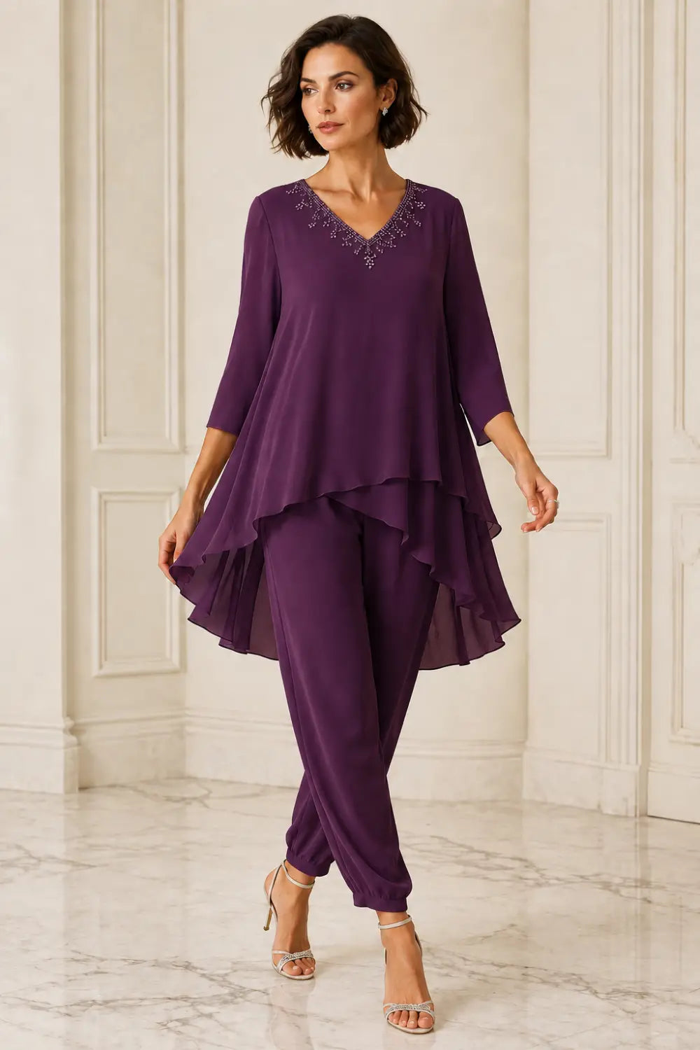 Ruffled Layered Chiffon Capelet Pant Suit