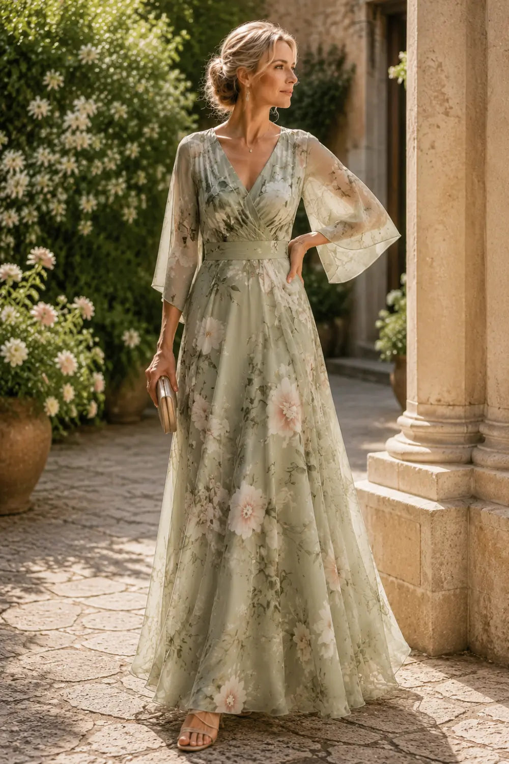 Sage Floral V-Neck Bell-Sleeve Chiffon Maxi Dress