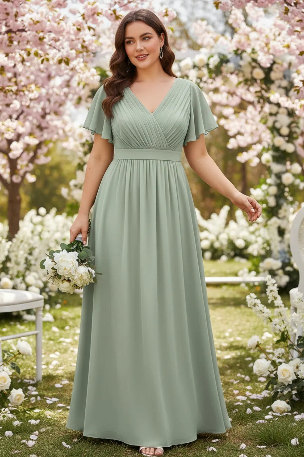 Elegant V-Neck Chiffon Maxi Dress with Ruffle Sleeves