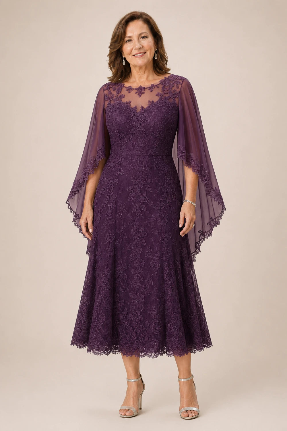 Scalloped Floral Lace Midi Dress with Cape Sleeves