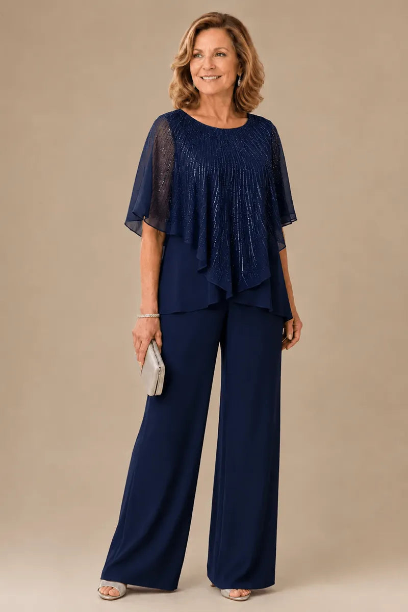 Sequin Capelet Chiffon Pant Suit with Wide-Leg Pants