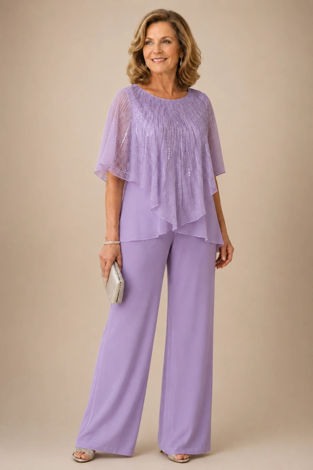 Sequin Capelet Chiffon Pant Suit with Wide-Leg Pants