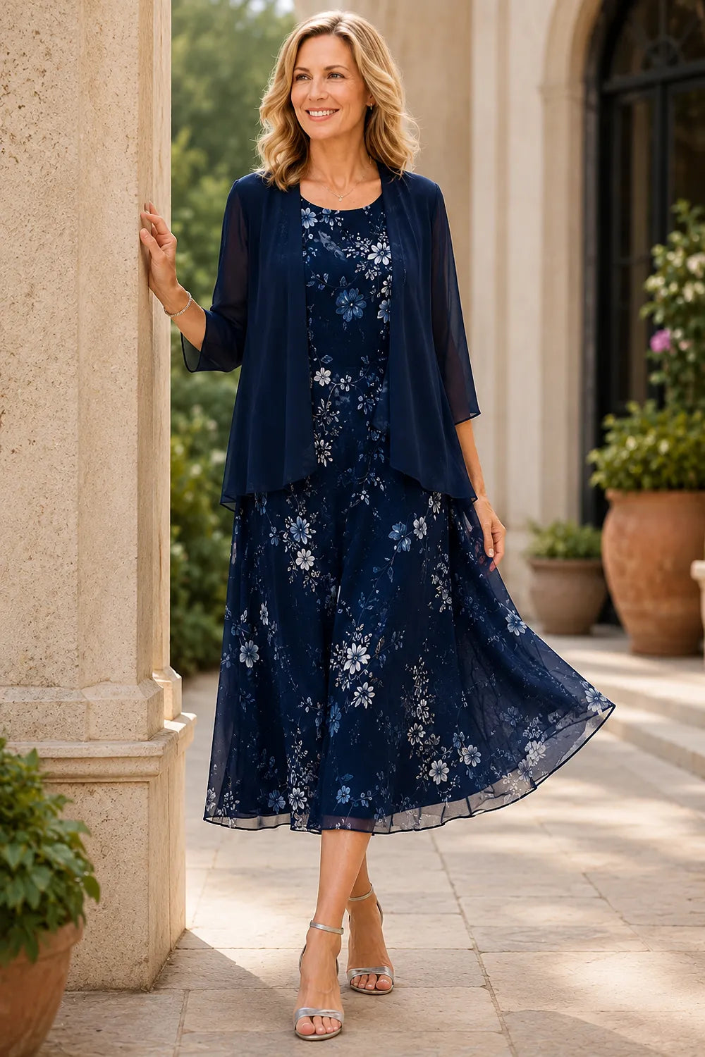 Isabella Floral Chiffon Cape Sleeve Dress