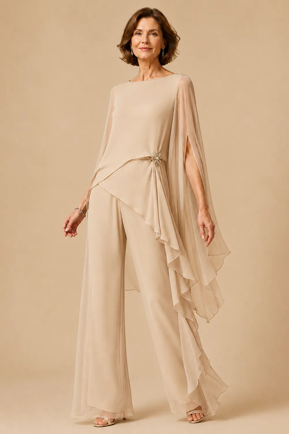 Asymmetric Chiffon Mother of the Bride Pant Suit