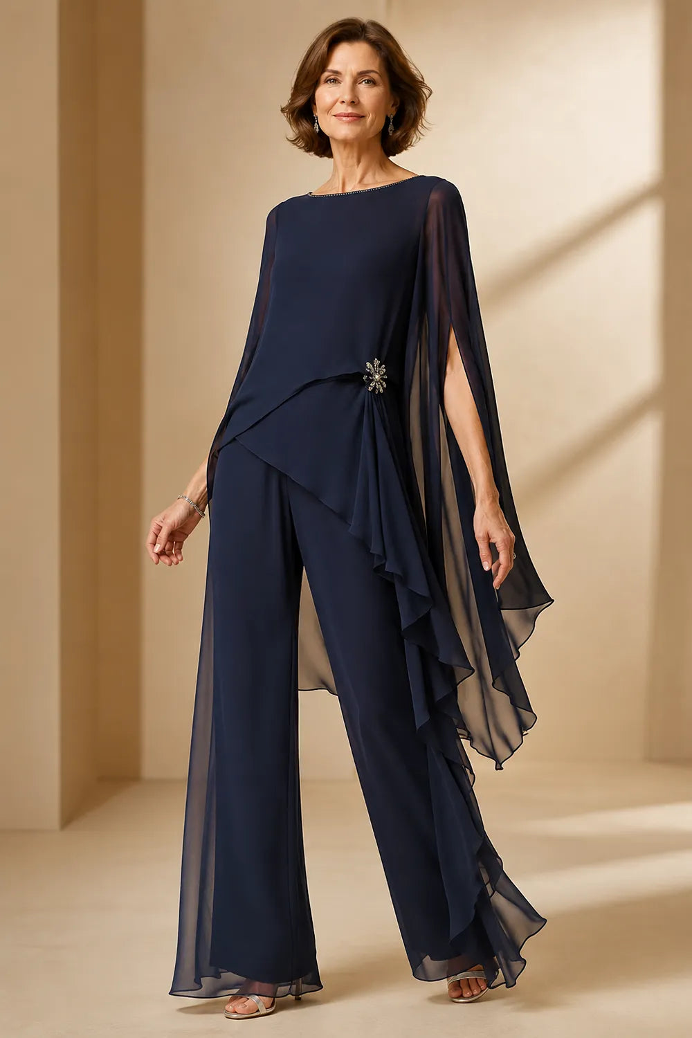 Asymmetric Chiffon Mother of the Bride Pant Suit