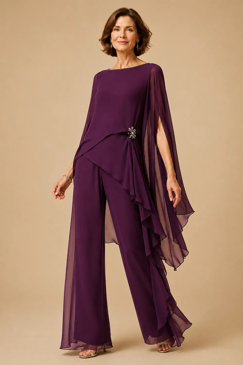 Asymmetric Chiffon Mother of the Bride Pant Suit