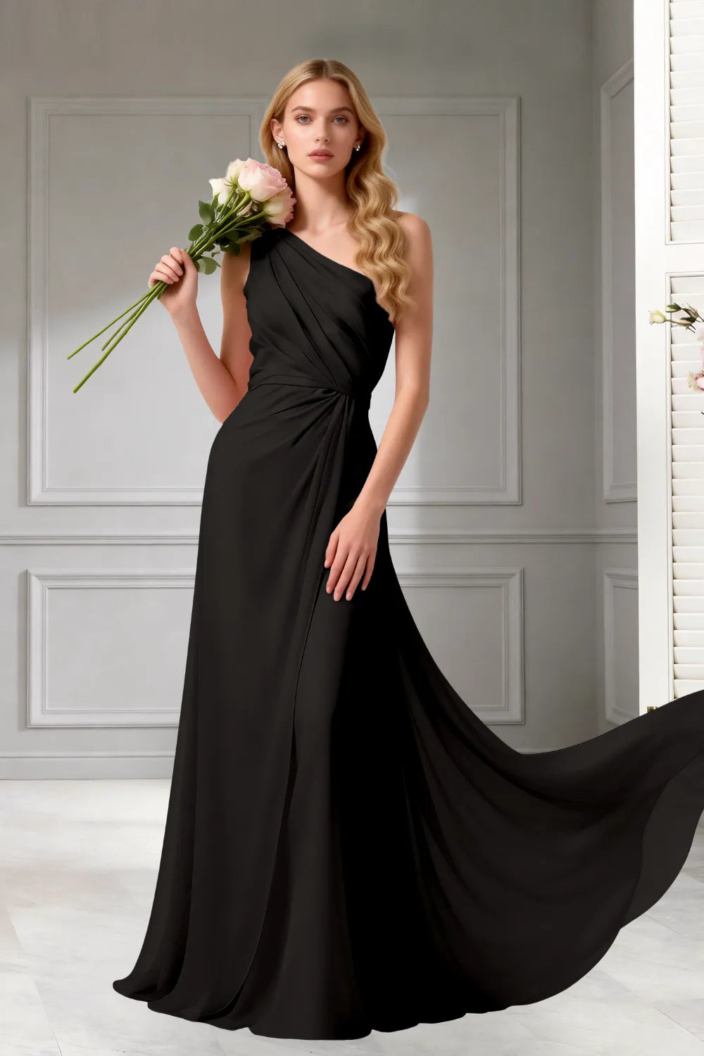 Moon Whisper Draped Chiffon Evening Dress