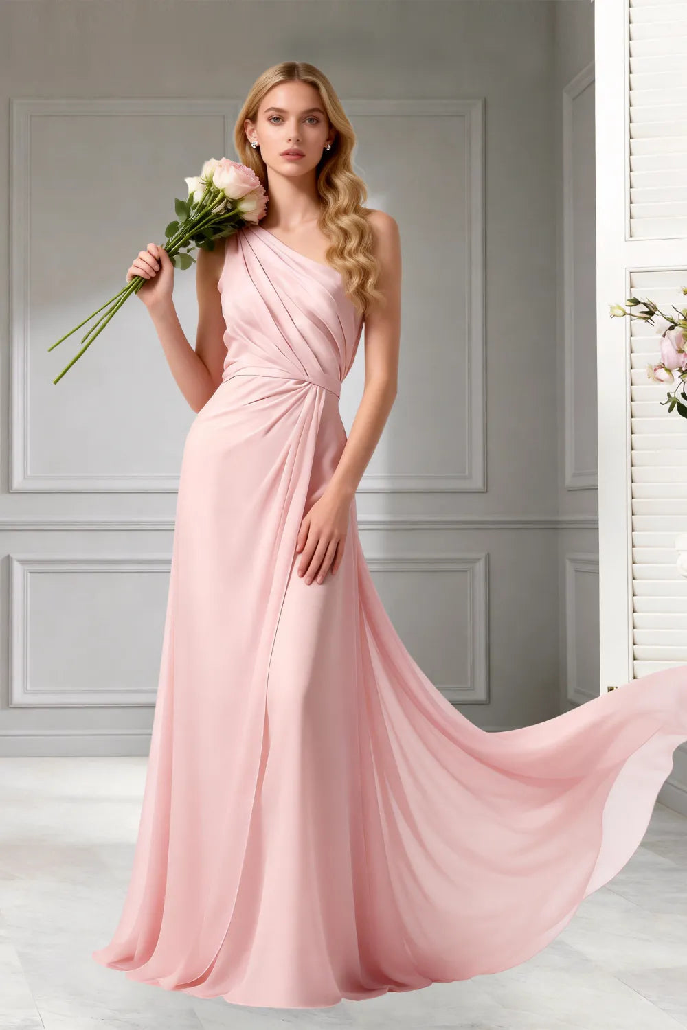Moon Whisper Draped Chiffon Evening Dress