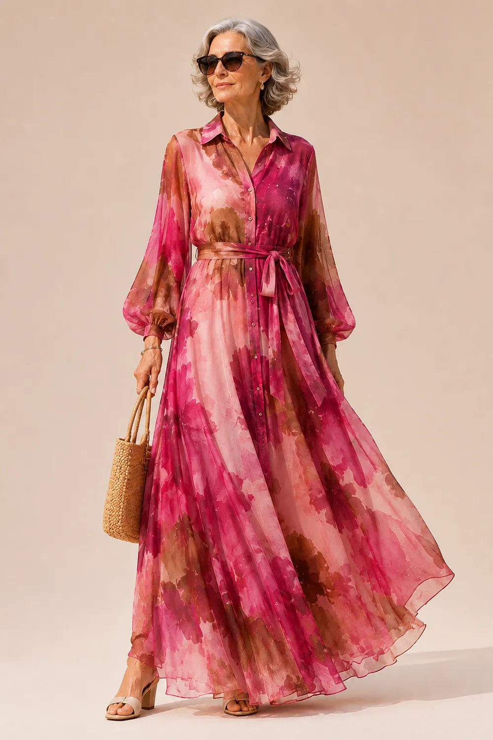 Belted Floral Maxi Shirt Dress