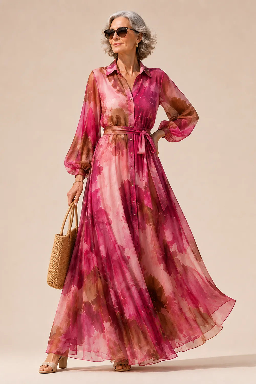 Belted Floral Maxi Shirt Dress