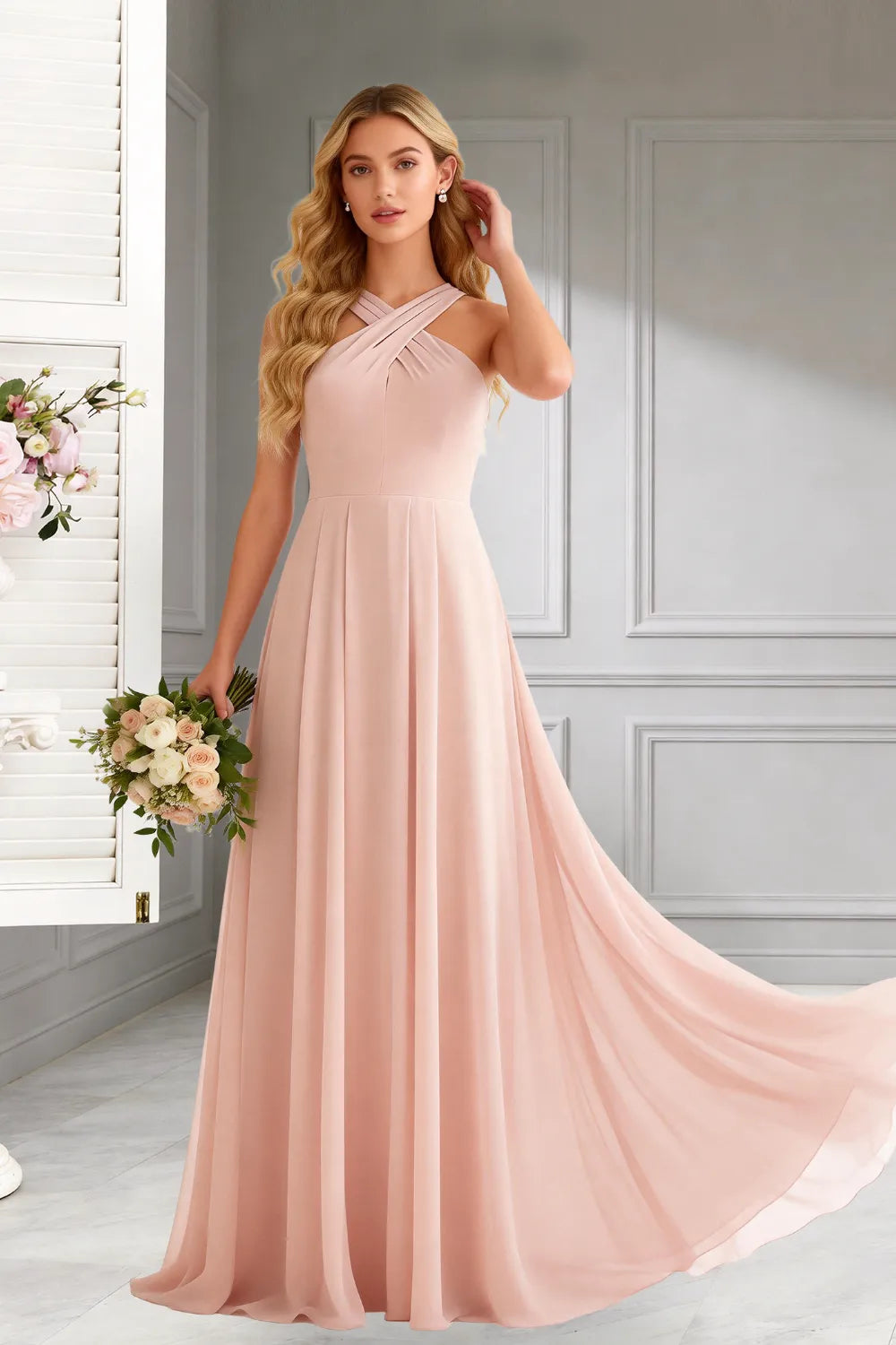 Amara Halter Neck Flowy Chiffon Formal Maxi Dress