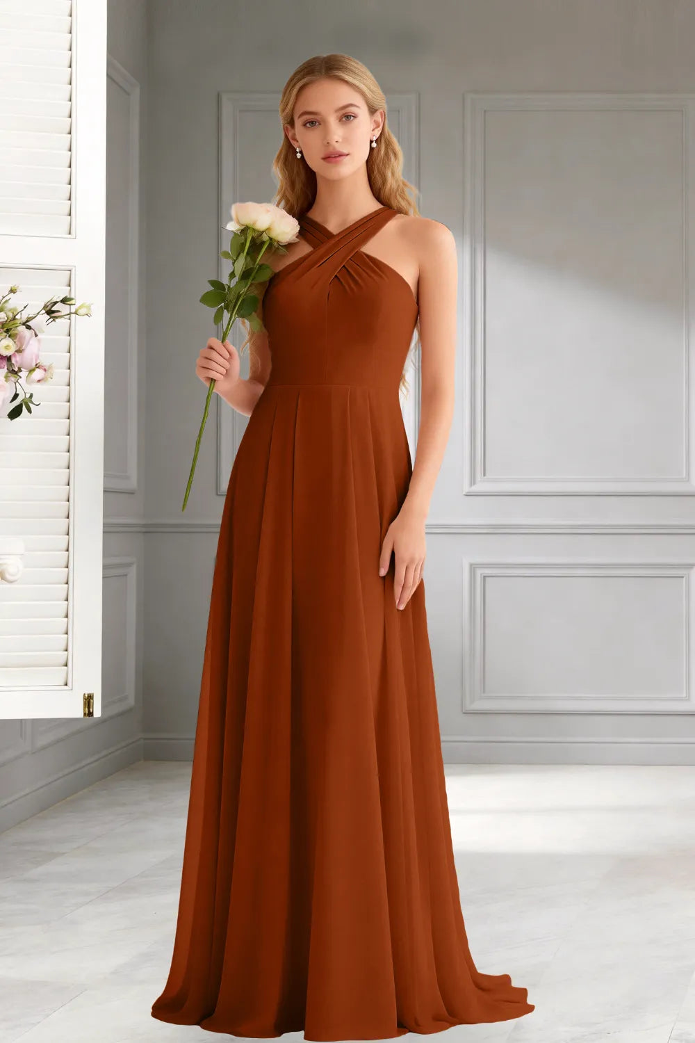 Amara Halter Neck Flowy Chiffon Formal Maxi Dress