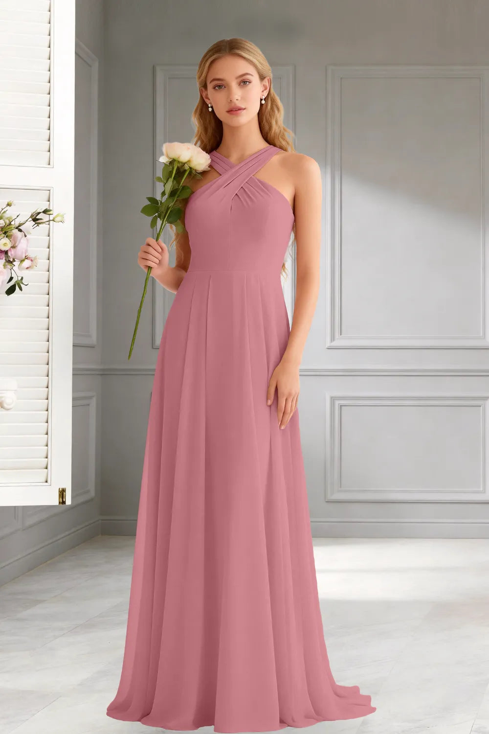 Amara Halter Neck Flowy Chiffon Formal Maxi Dress