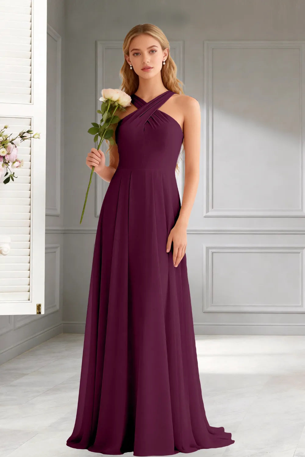 Amara Halter Neck Flowy Chiffon Formal Maxi Dress