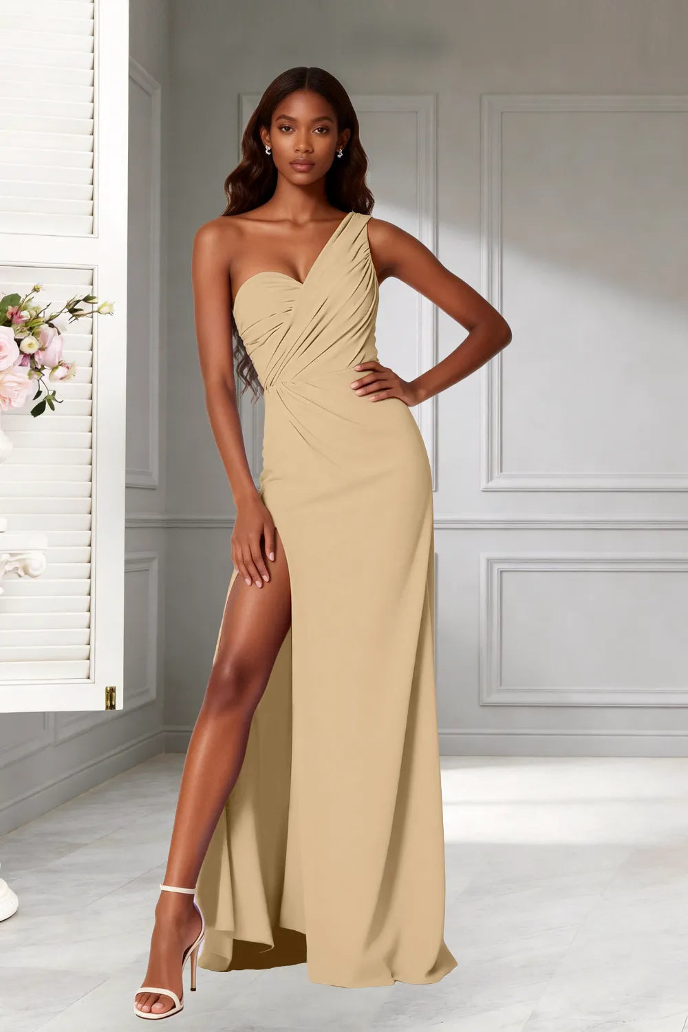 Goddess One‑Shoulder High Slit Bridesmaid Dress