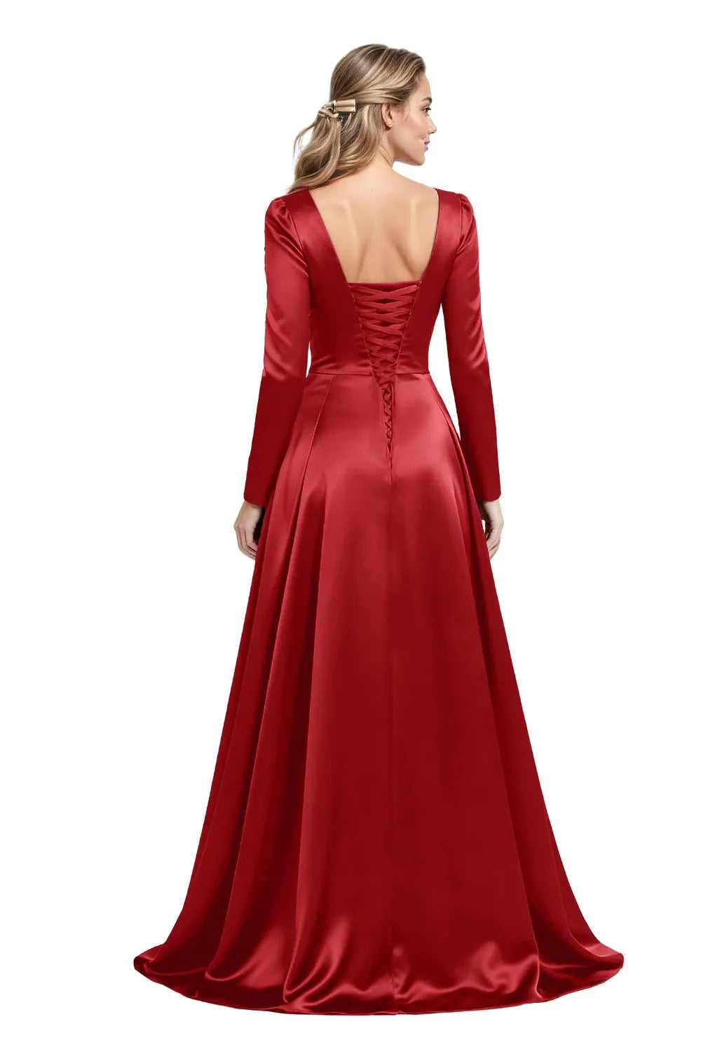 Elegant Floor Length Satin Gown with Lace Up Back