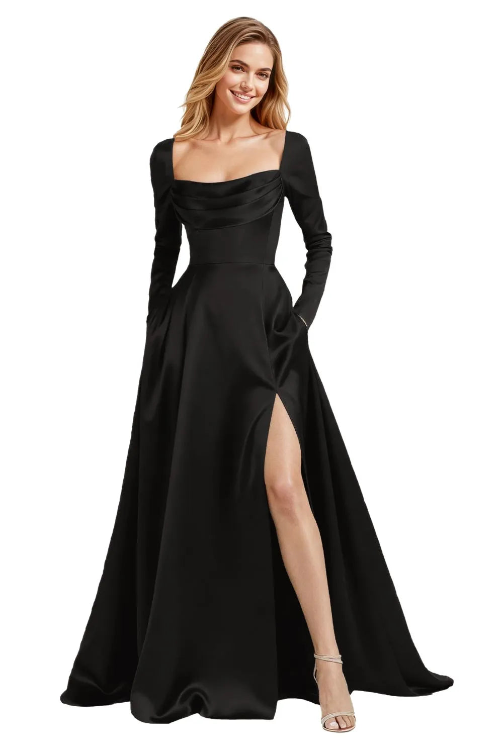 Elegant Floor Length Satin Gown with Lace Up Back