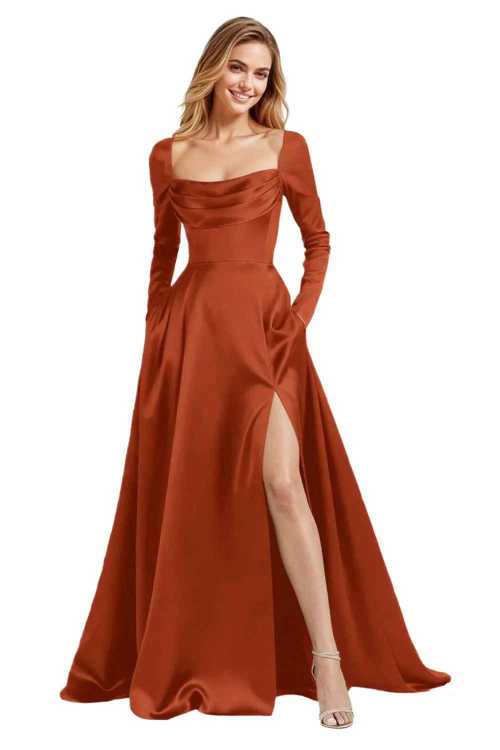 Elegant Floor Length Satin Gown with Lace Up Back