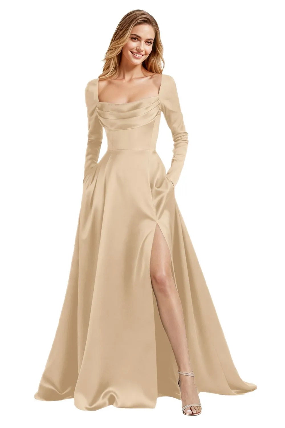 Elegant Floor Length Satin Gown with Lace Up Back