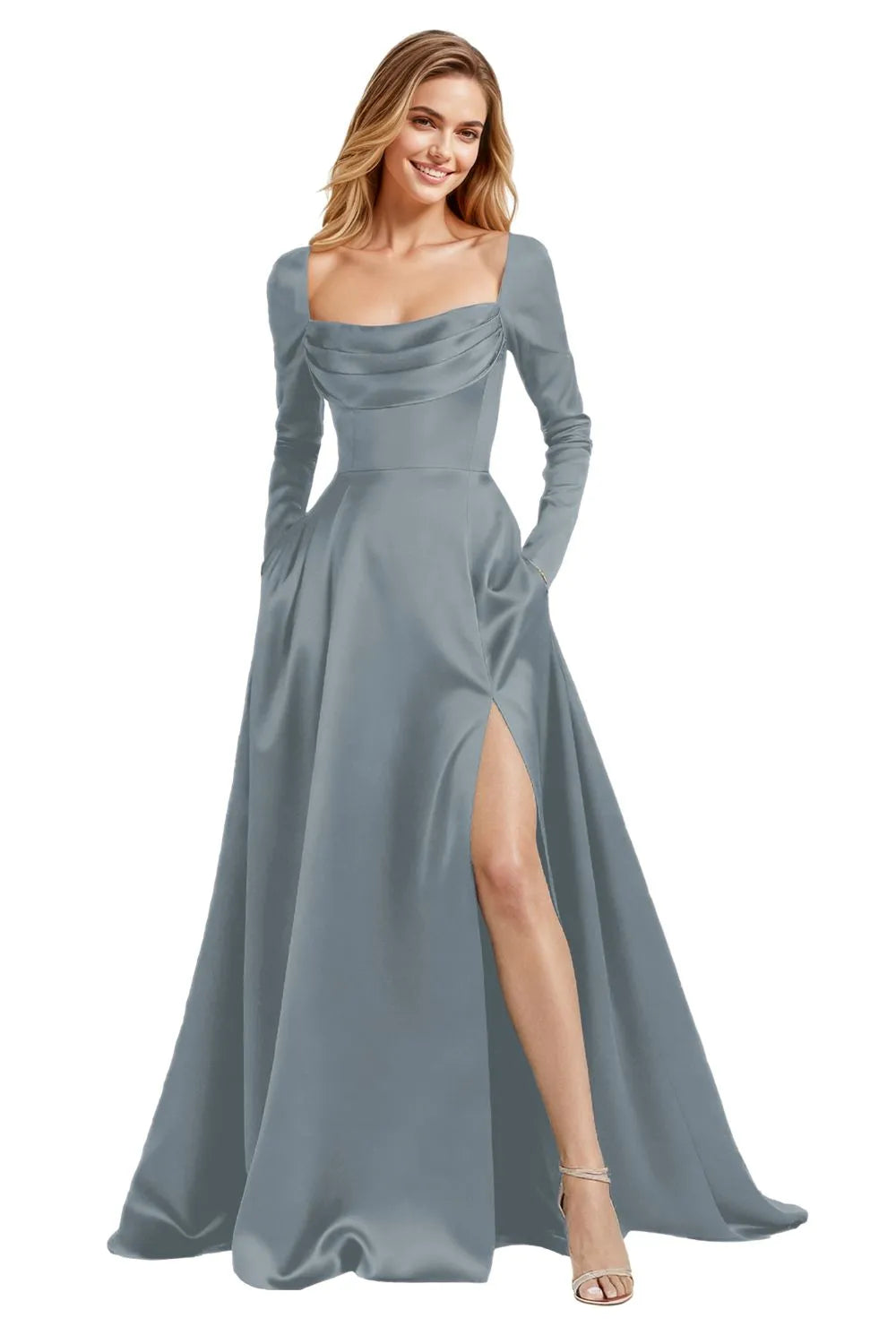 Elegant Floor Length Satin Gown with Lace Up Back