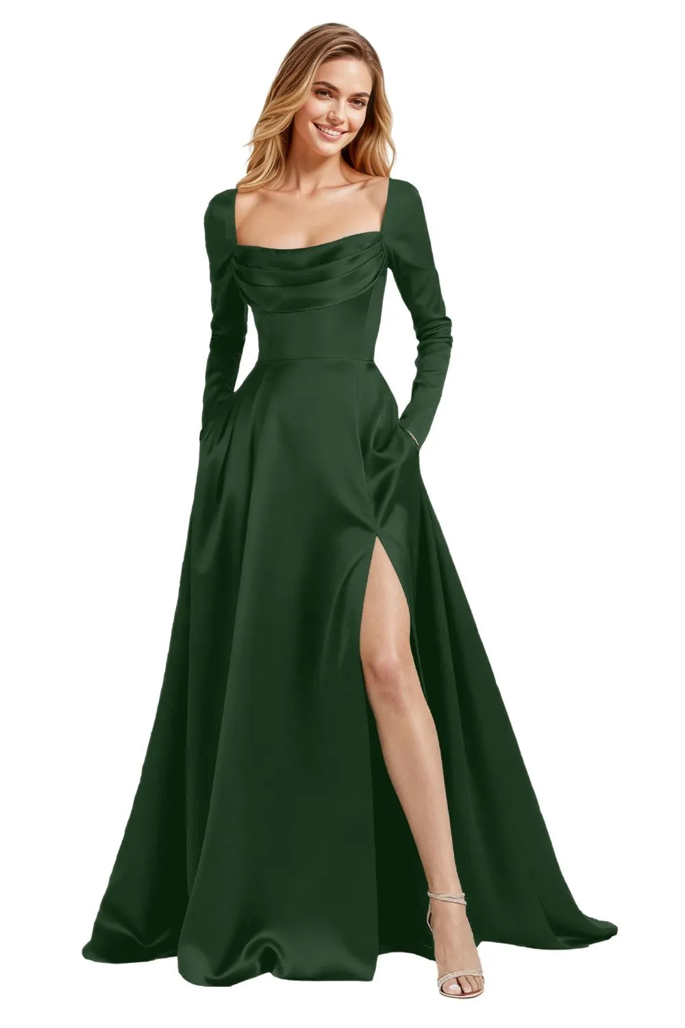 Elegant Floor Length Satin Gown with Lace Up Back