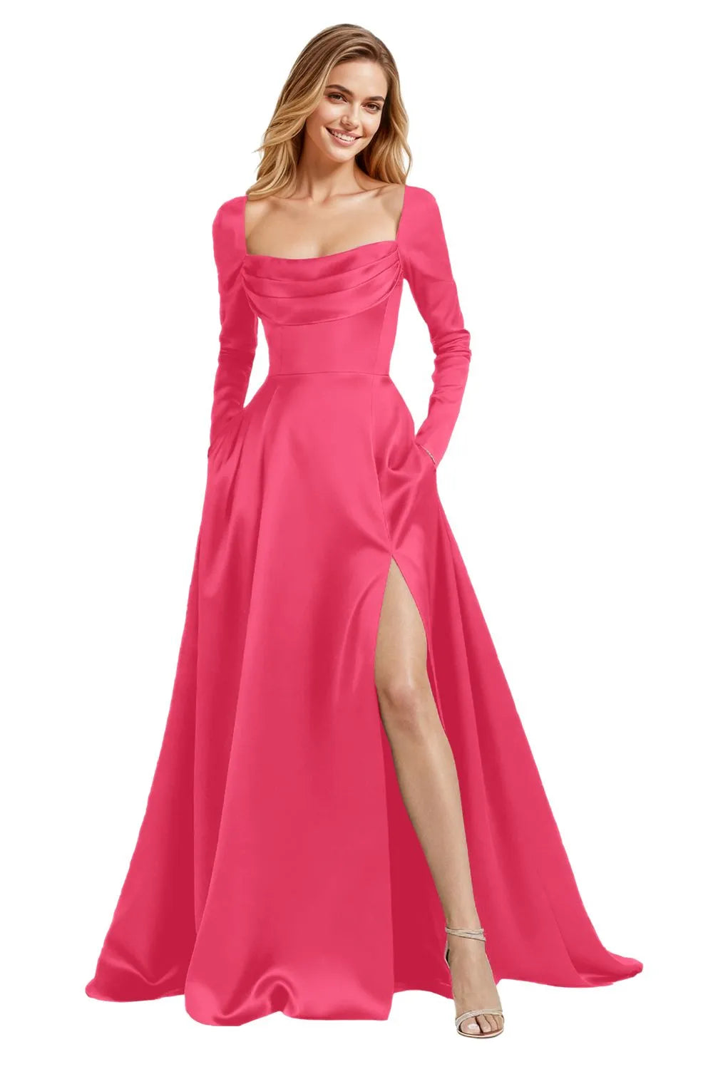 Elegant Floor Length Satin Gown with Lace Up Back