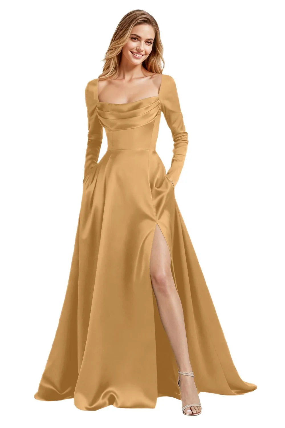 Elegant Floor Length Satin Gown with Lace Up Back